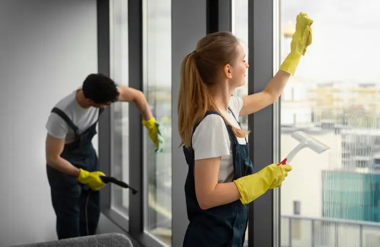 Glasreinigung in der Nähe - "Mitarbeiter reinigt Fenster eines Bürogebäudes mit speziellen Reinigungswerkzeugen"